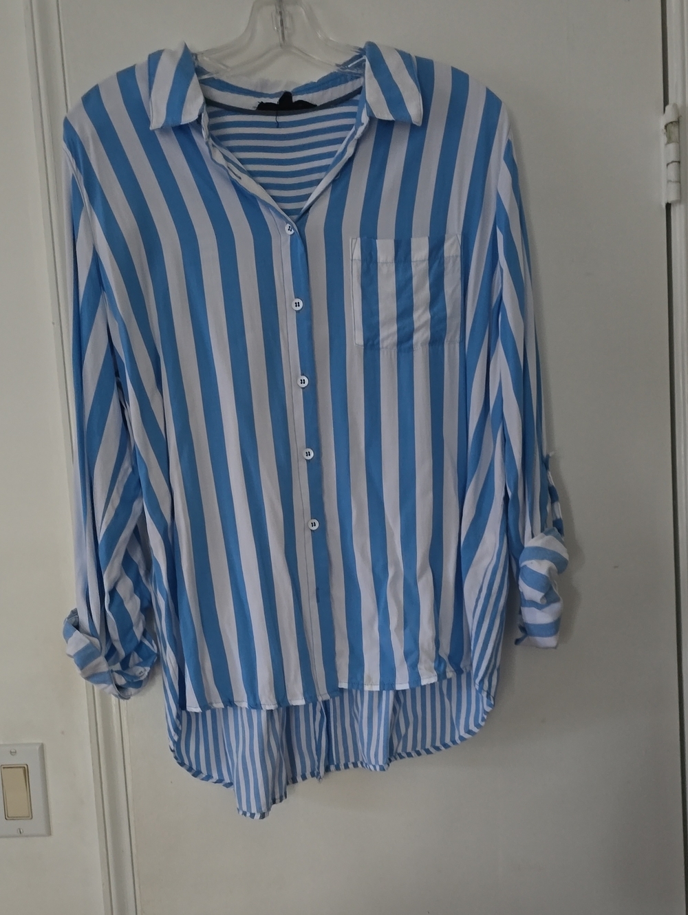 Blue and White Vertical Stripe Button-Up Shirt